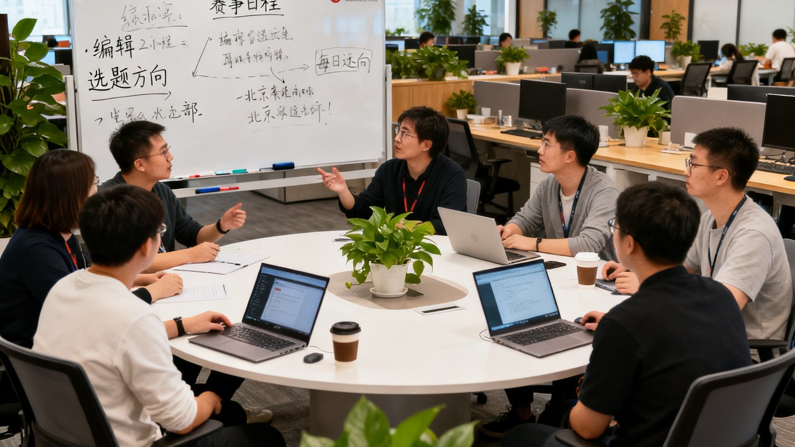 爱游戏体育北京总部开放式办公区内，编辑团队围绕圆形会议桌进行每日选题讨论会，白板上写满赛事日程和选题方向